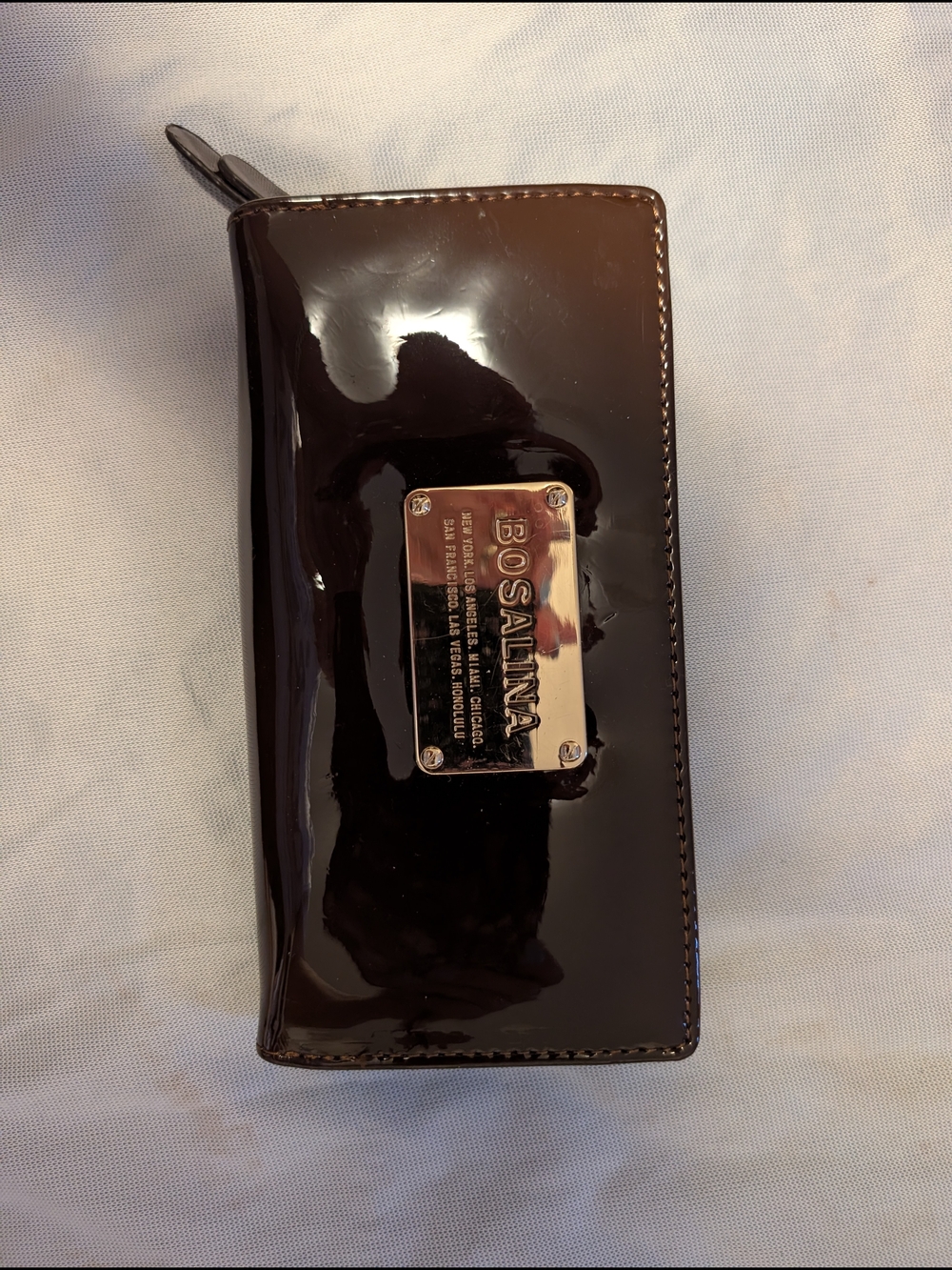 Patent Leather Zip Wallet in Dark Brown